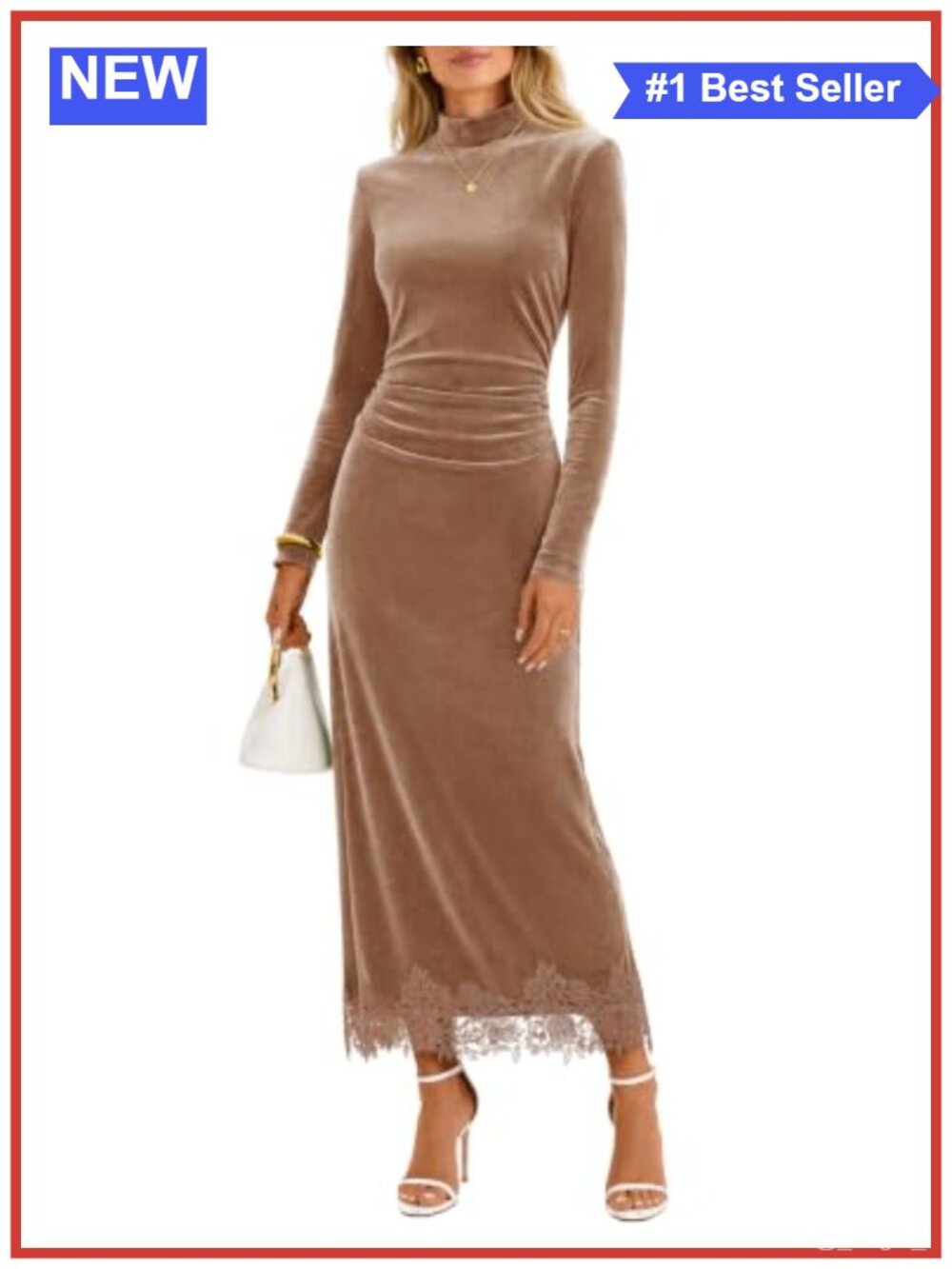 Velvet Lace Maxi Dress Long Sleeve Mock Neck Ruched Formal Wedding Guest